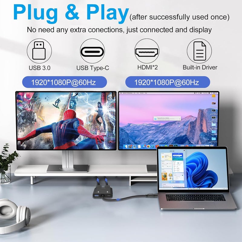 Herfair USB to HDMI Adapter [1080P Full HD] HDMI Splitter for Dual Monitors USB 3.0 to Extended Display Converter 1 in 2 Out Multiple Screen Extender for MacOS/Windows 11/10/8/7 Laptops - Image 5